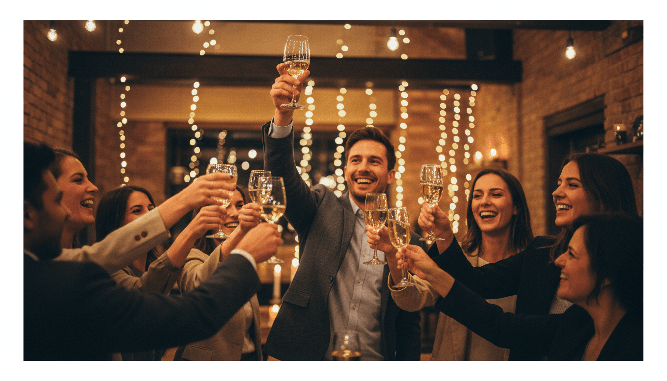 Guests raising glasses in a toast at an intimate London event