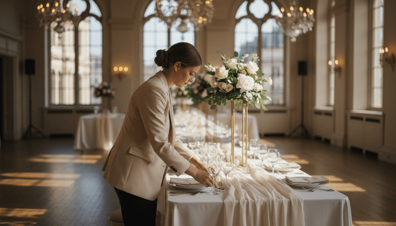 Event planner adjusting place settings at a dressed table in a bright London venue
