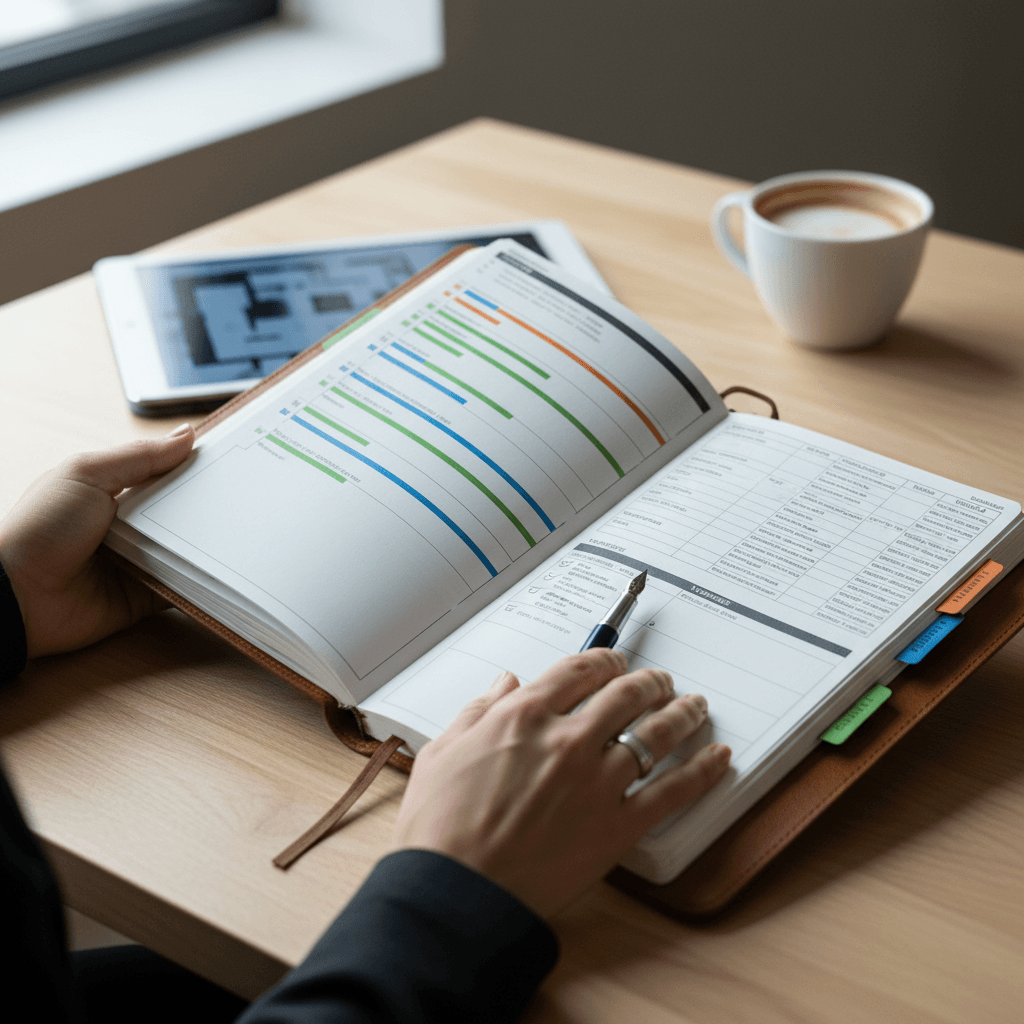 Close-up of event manager reviewing a run sheet during a live event