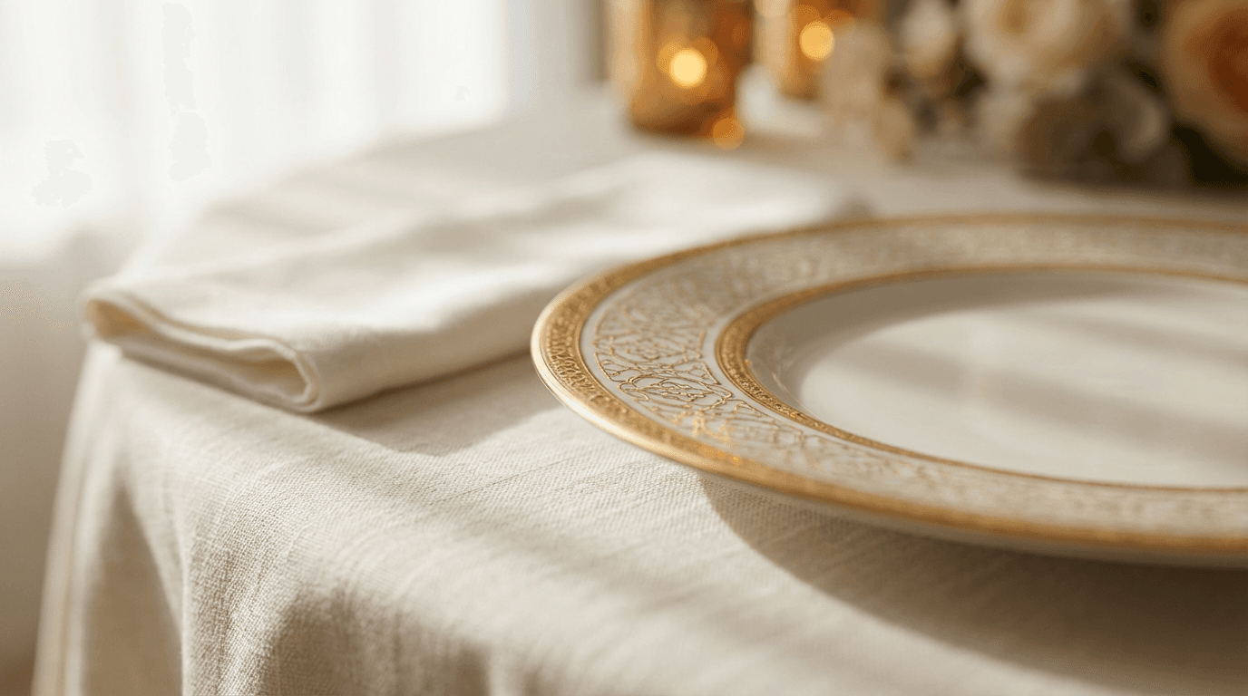 Event coordinator adjusting place setting at a formal dinner table