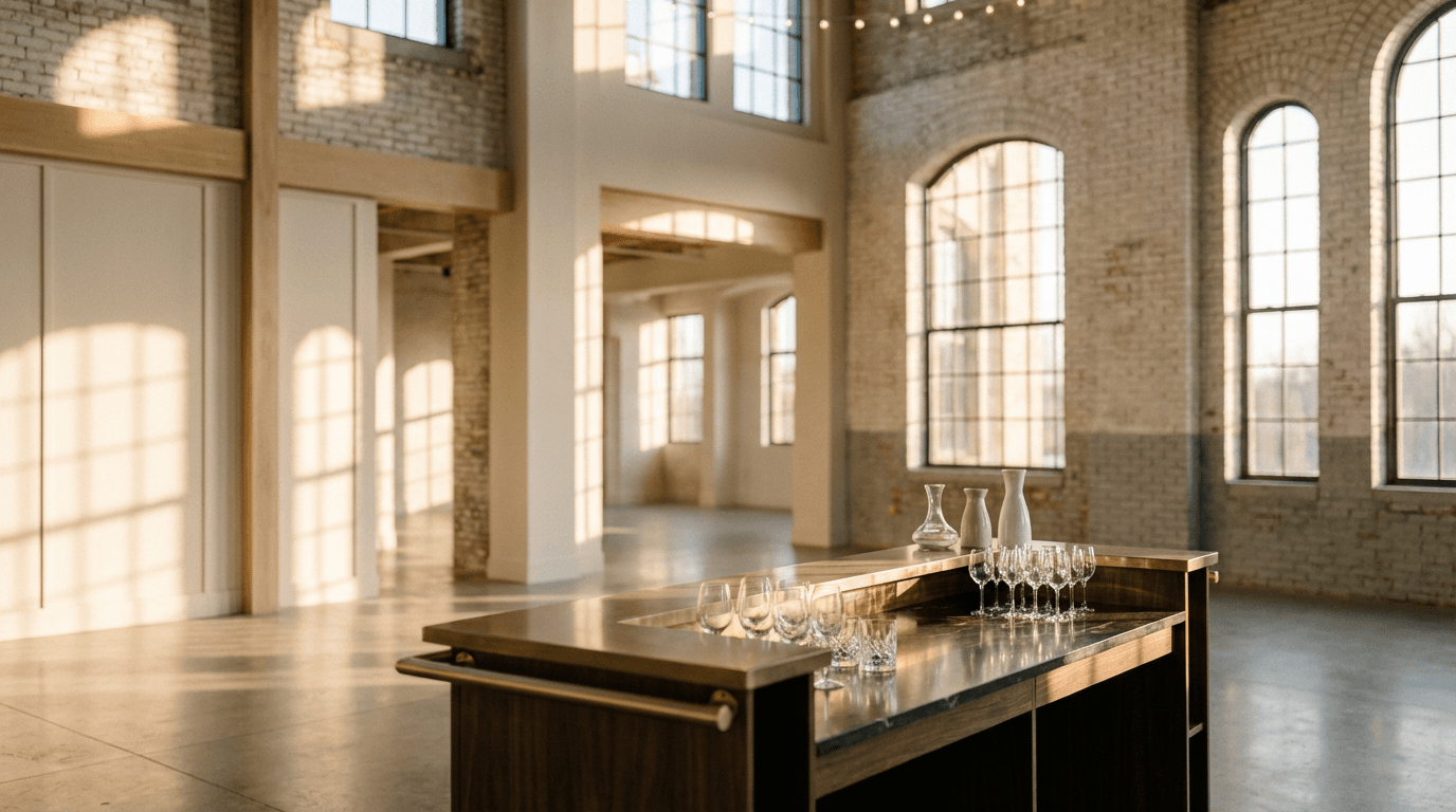 Elegant London event venue set for a dinner, candles and floral centerpieces on tables
