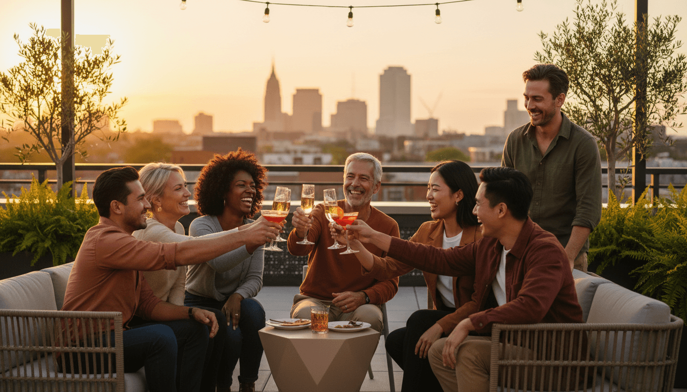 Private rooftop party in London at dusk