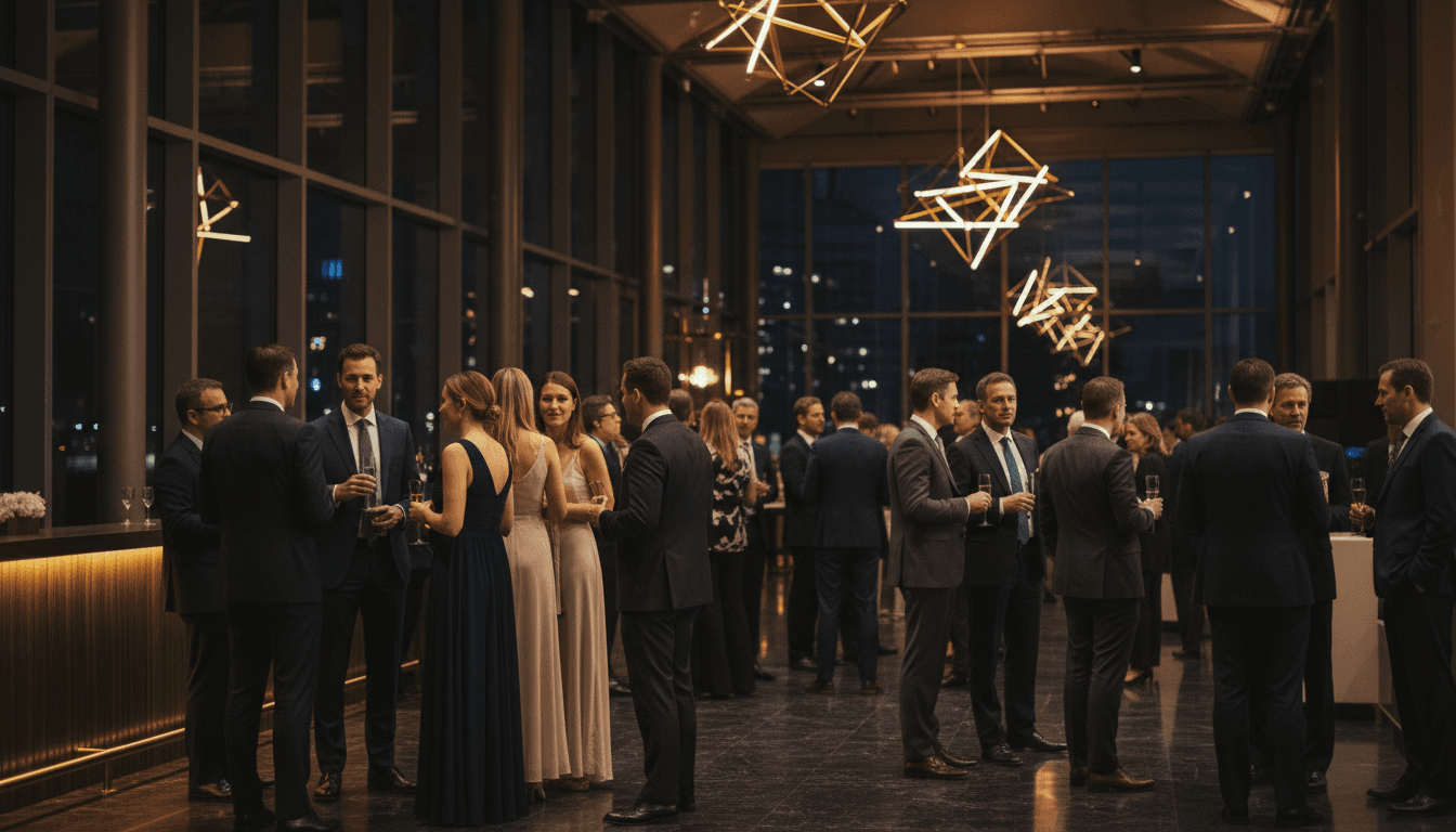 Corporate gala dinner setup with guests mingling